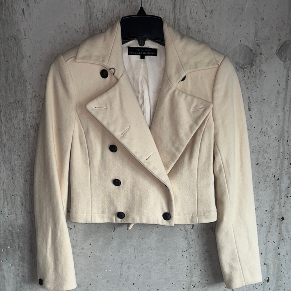 rag & bone Cream Wool Peacoat Cropped Double Breasted Jacket